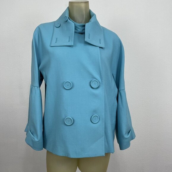 Per Se Blue Wool Stretch Swing Jacket Coat Bell Sleeves Size 10 Pockets Women's - Picture 2 of 5